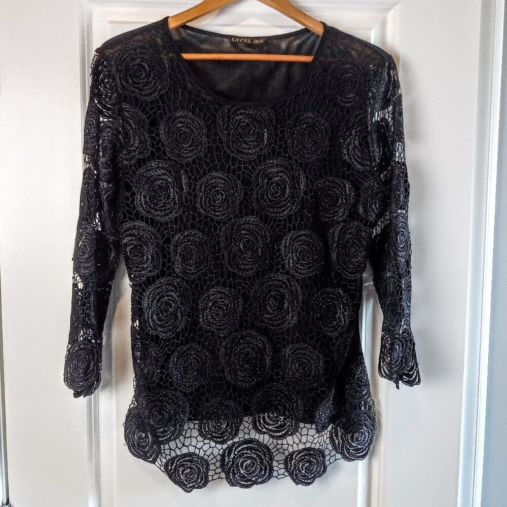 Gizel Black Lace Mesh Embellished Crystal LS Top